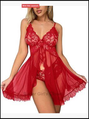 Lace Babydoll Chemise Nightdress Sexy Lingerie Plus Size 2 Piece Set